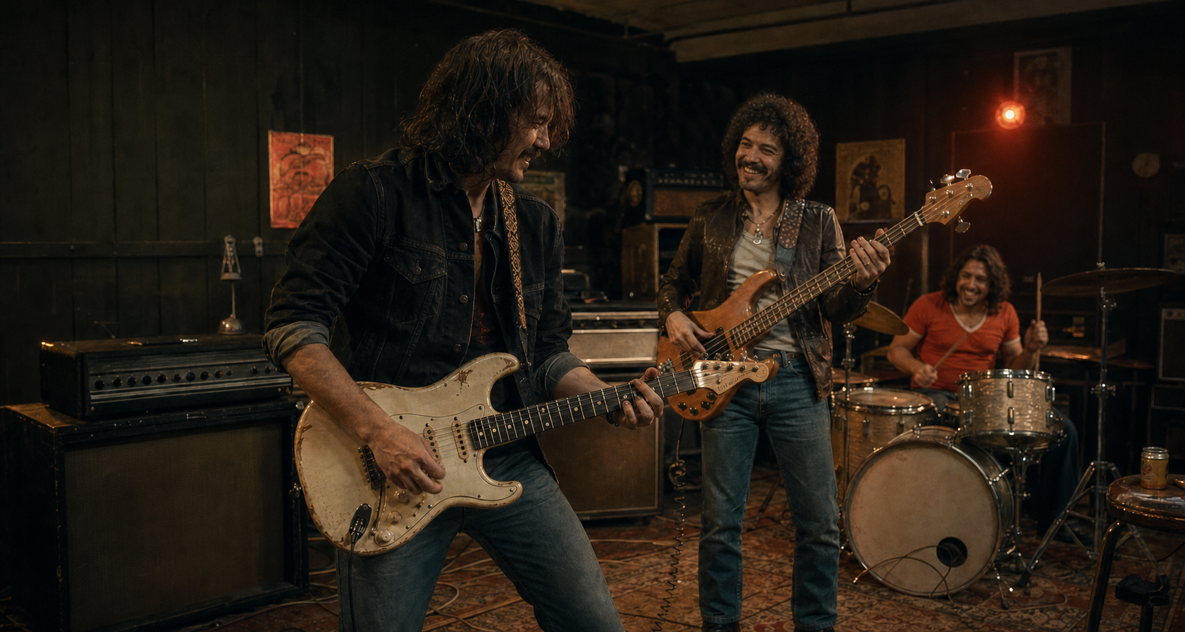 Three smiling local musicians enjoying a rehearsal together with guitar, bass and drums in a vintage studio